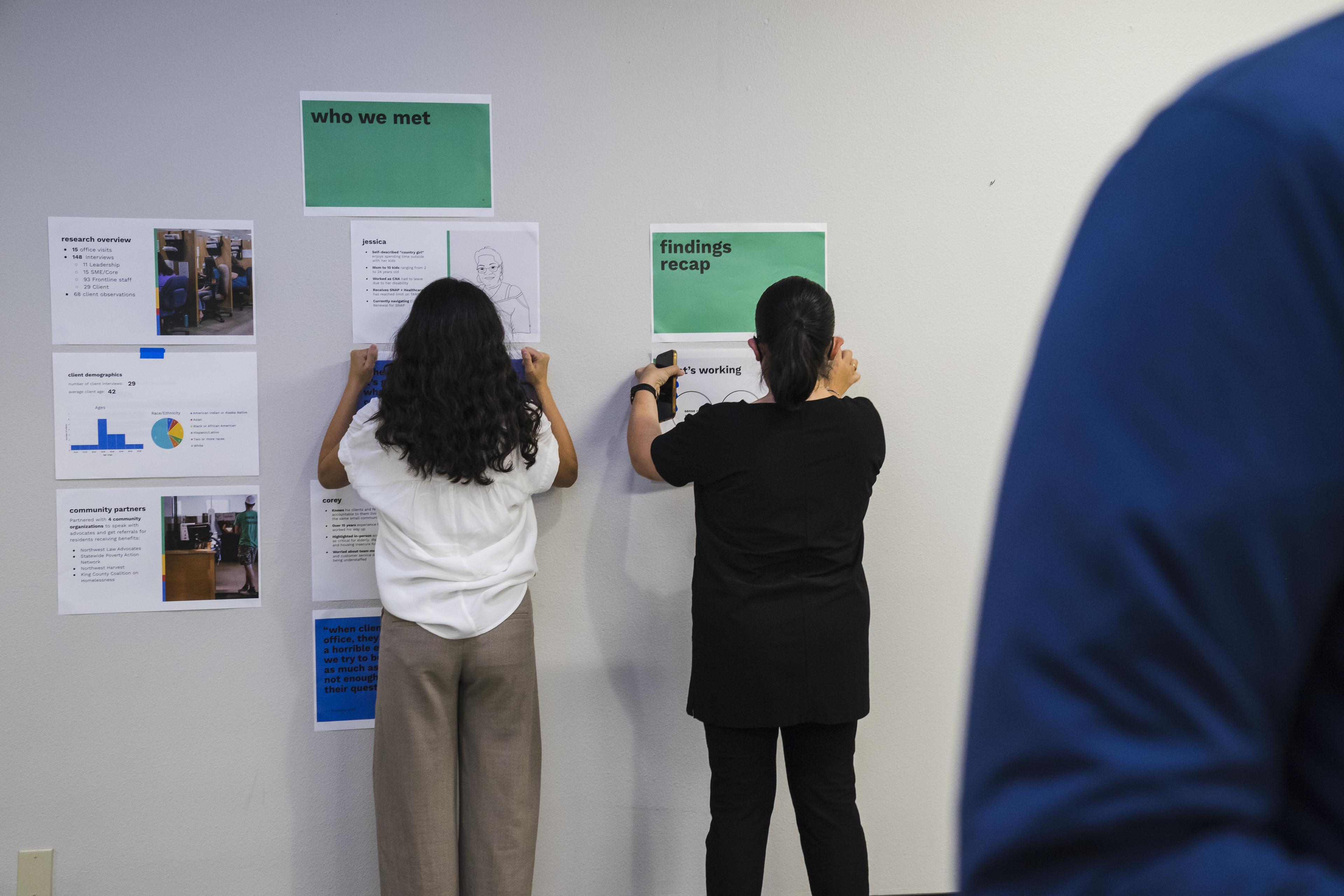 Two people face a wall, taping posters with headings like who we met and findings recap. Printed research materials and charts are visible. Another person in a blue shirt stands in the foreground, out of focus.