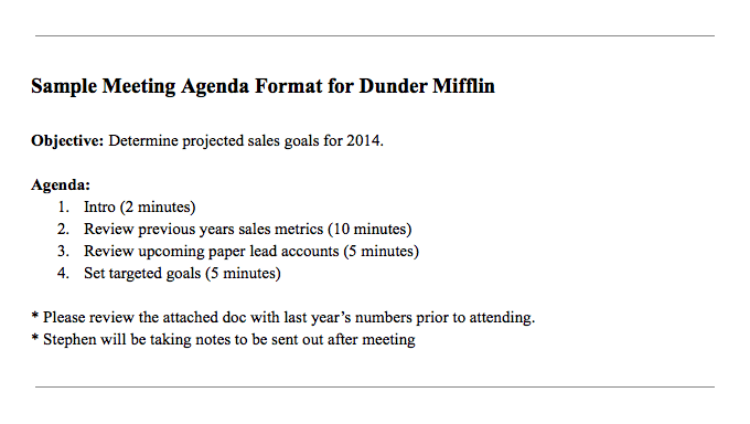 A sample meeting agenda for Dunder Mifflin outlines goals for 2014, including sales metrics review and goal setting. Notes mention reviewing an attached document and Stephen taking meeting notes.