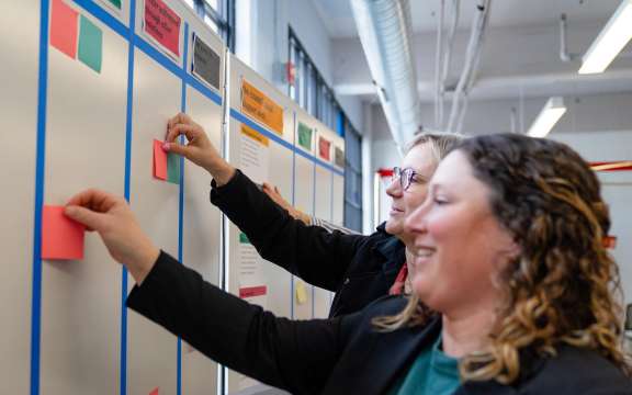 Two women smiling while placing colorful sticky notes on a whiteboard divided into sections, in a bright office setting.