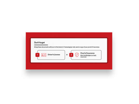 A sign with instructions reads: Dont forget. Bring these documents with you to the branch: 1. Driver’s License, 2. Proof of insurance (must be Michigan no-fault insurance). Icons for each document are shown.