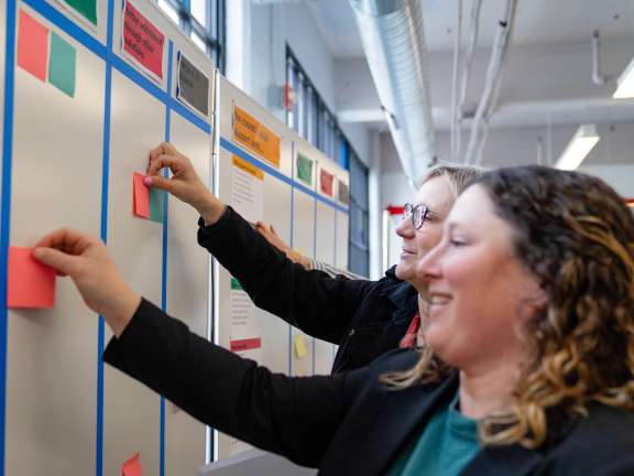 Two women smiling while placing colorful sticky notes on a whiteboard divided into sections, in a bright office setting.