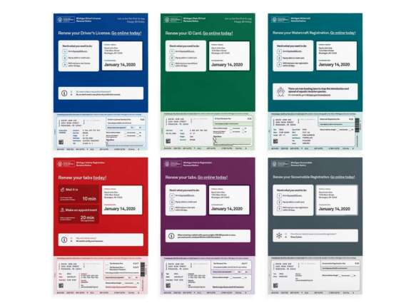 Six colorful informational posters display reminders to renew driver’s licenses, ID cards, and vehicle registrations, each with different titles, instructions, and renewal deadlines, arranged in two rows of three.