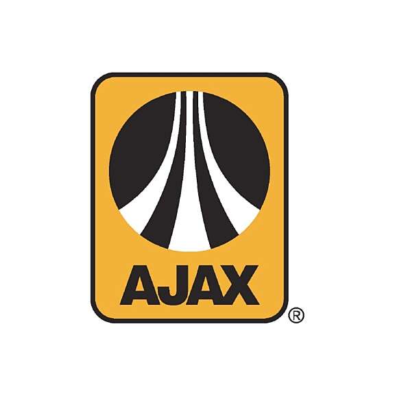 A bold yellow rectangle with a black and white abstract circular design at the top and the word AJAX in large black letters below it.