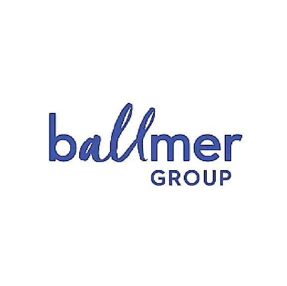 Logo for Ballmer Group. The word ballmer is written in a bold, blue, lowercase script font, with GROUP in uppercase, block letters positioned to the lower right. The background is white.