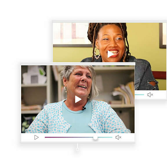 Two paused video thumbnails overlap. The front video shows a smiling older woman with short gray hair and a blue polka-dot cardigan. The background video shows a woman with long hair, smiling against a yellow wall.
