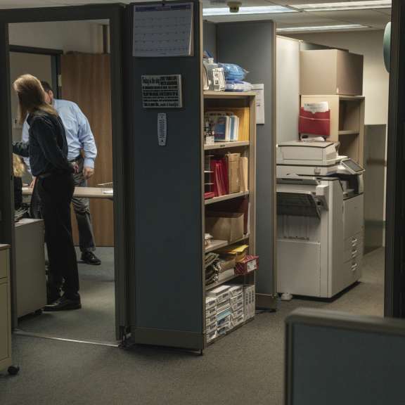 Two people stand and talk in a dimly lit office, partially visible through a doorway. The office has shelves with books, supplies, and a copy machine near the entrance. The atmosphere appears quiet and work-focused.
