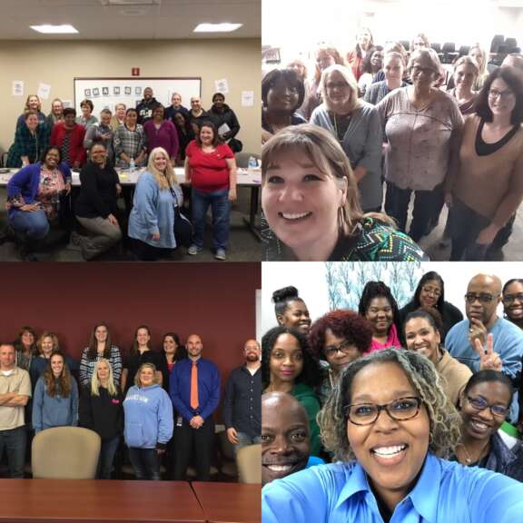 A collage of four group photos, each showing diverse adults smiling and posing together in office or classroom settings. Some are standing while others are seated, creating a friendly and collaborative atmosphere.