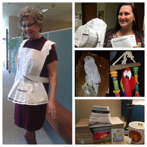 A collage shows a woman wearing a dress made of paper forms, another woman holding a paper bird and form, a close-up of the paper bird, a parrot toy, and a paper bird sitting on stacked applications.