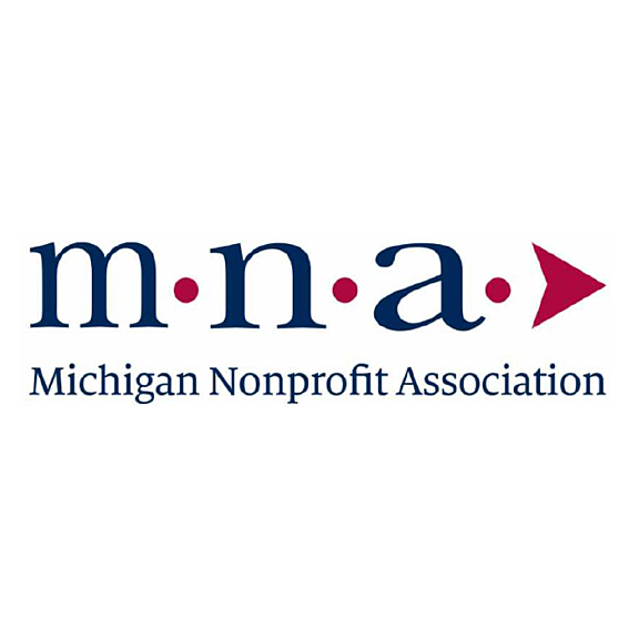 Logo for Michigan Nonprofit Association. The letters m n a are in blue with red dots between them, followed by a red arrow. Michigan Nonprofit Association is written below in blue text.