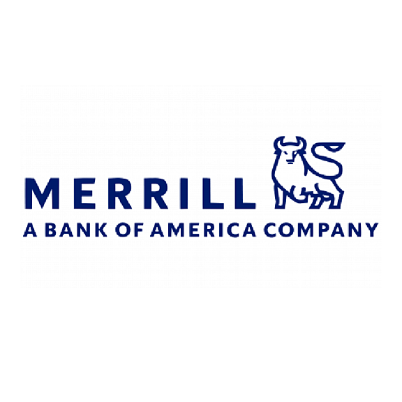 The Merrill logo featuring a stylized blue bull to the right of the text MERRILL above the words A BANK OF AMERICA COMPANY in blue capital letters on a white background.