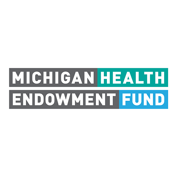 Logo with the words Michigan Health Endowment Fund in bold capital letters. Michigan and Endowment are in white on gray backgrounds, Health is white on teal, and Fund is white on blue.