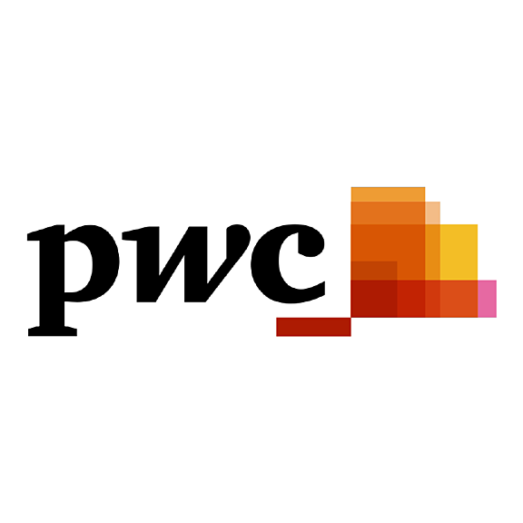 The PwC logo featuring the lowercase letters pwc in bold black font, with overlapping rectangular shapes in shades of orange, red, and yellow stacked to the right.