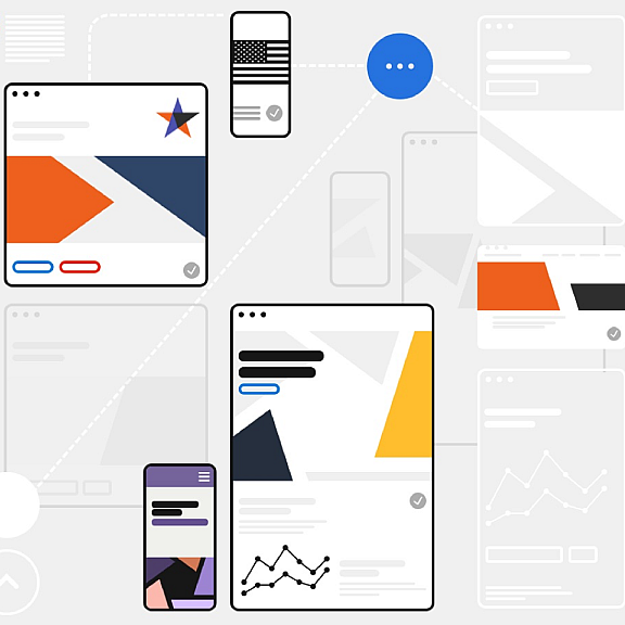 Abstract illustration of various digital devices displaying colorful geometric user interface designs, charts, and social media elements, connected by dotted lines, representing online connectivity and data exchange.
