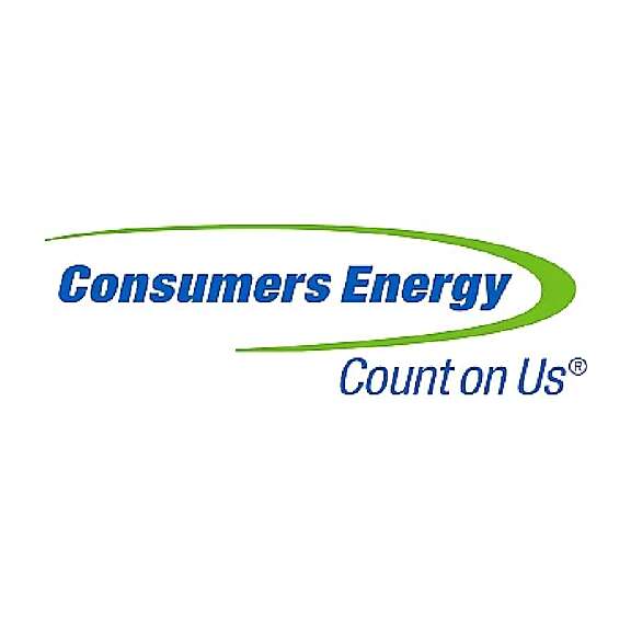 Consumers Energy logo with the company name in blue text, “Consumers Energy,” and the slogan “Count on Us®” in green, underlined by a green swoosh. White background.