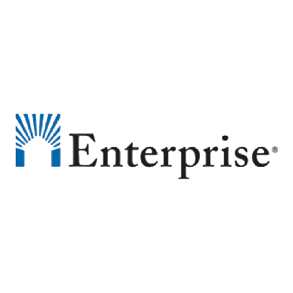 The image shows the word Enterprise in black text, preceded by a blue abstract arch logo with radiating lines. The background is white.