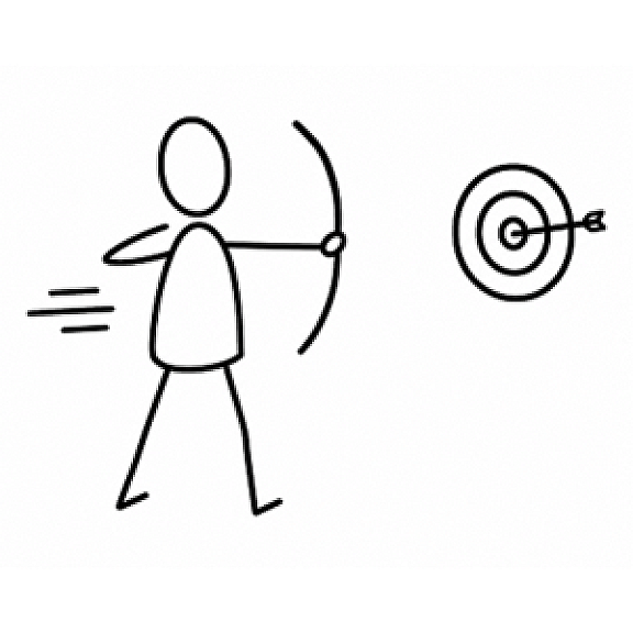 A stick figure draws a bow and aims at a target. An arrow is shown hitting the center of the target, indicating a successful shot.