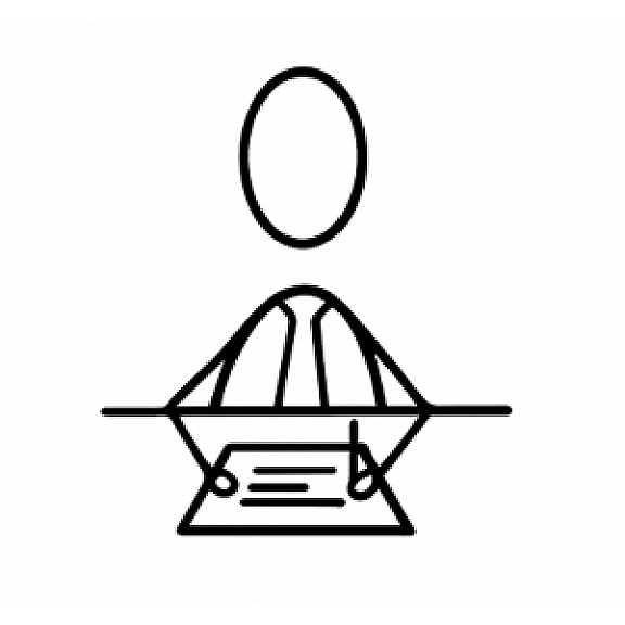 A simple line drawing of a person sitting at a desk, holding a pen and writing on a piece of paper. The figure has an oval head and is wearing a suit and tie.