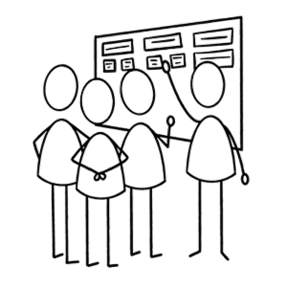 Four stick figures stand in front of a board with charts or diagrams. One figure is pointing at the board, appearing to explain or present something to the others.